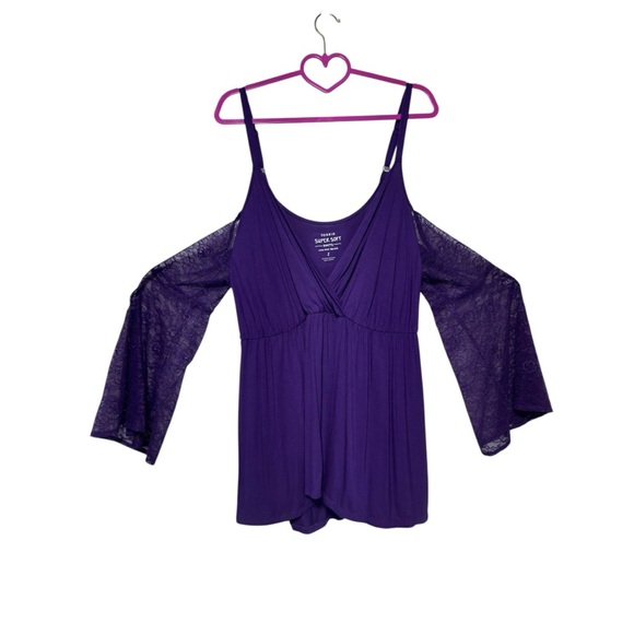 Torrid Babydoll Super Soft Surplice Cold Shoulder Lace Bell Sleeve Top - Picture 4 of 7